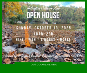open house invite over a camp fire with fall colors around the pond.